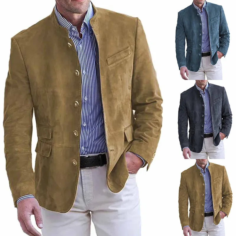 Men's Casual Suede Look Blazer Jacket Stand Collar Button Up Outerwear Solid Color Long Sleeve Coat for Autumn Winter Business