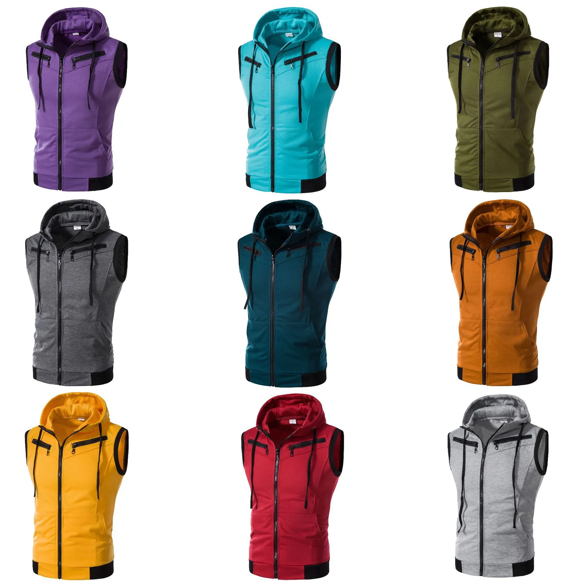 Gilet à Capuche Coupe Ajustée pour Hommes Été Sportif Décontracté Coton Gilet Sans Manches Respirant Débardeur à Fermeture Éclair Avec Poches