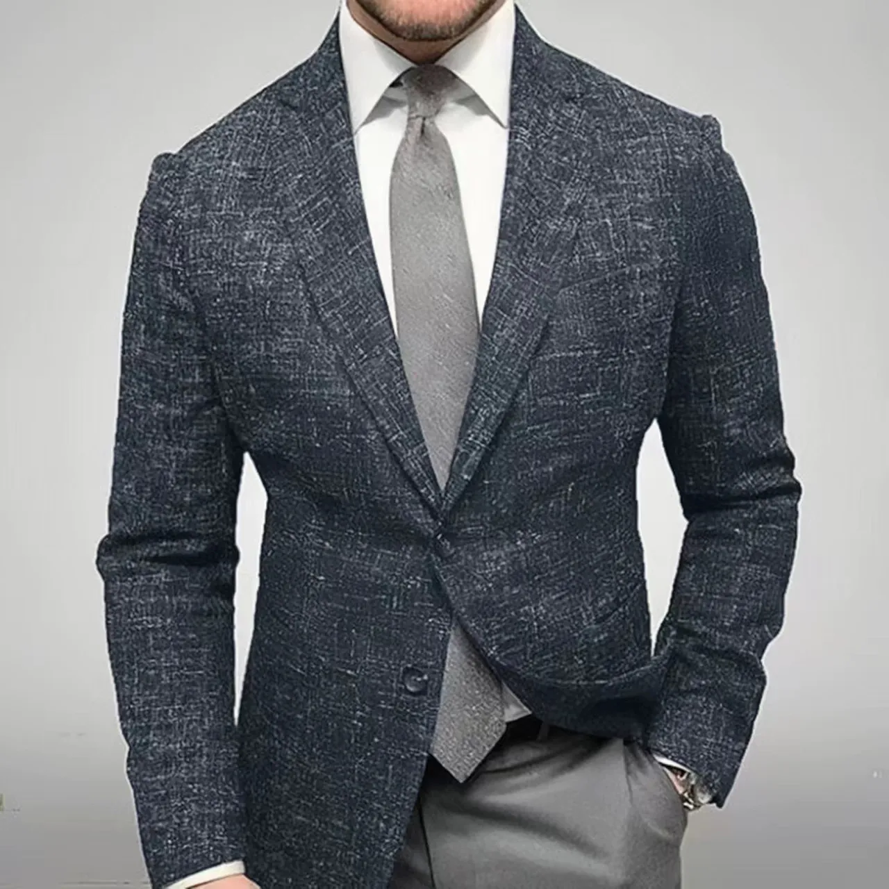 Blazer Décontracté Homme Coupe Slim Motif à Carreaux Simple Boutonnage Veste de Costume Business Légère pour Printemps Automne