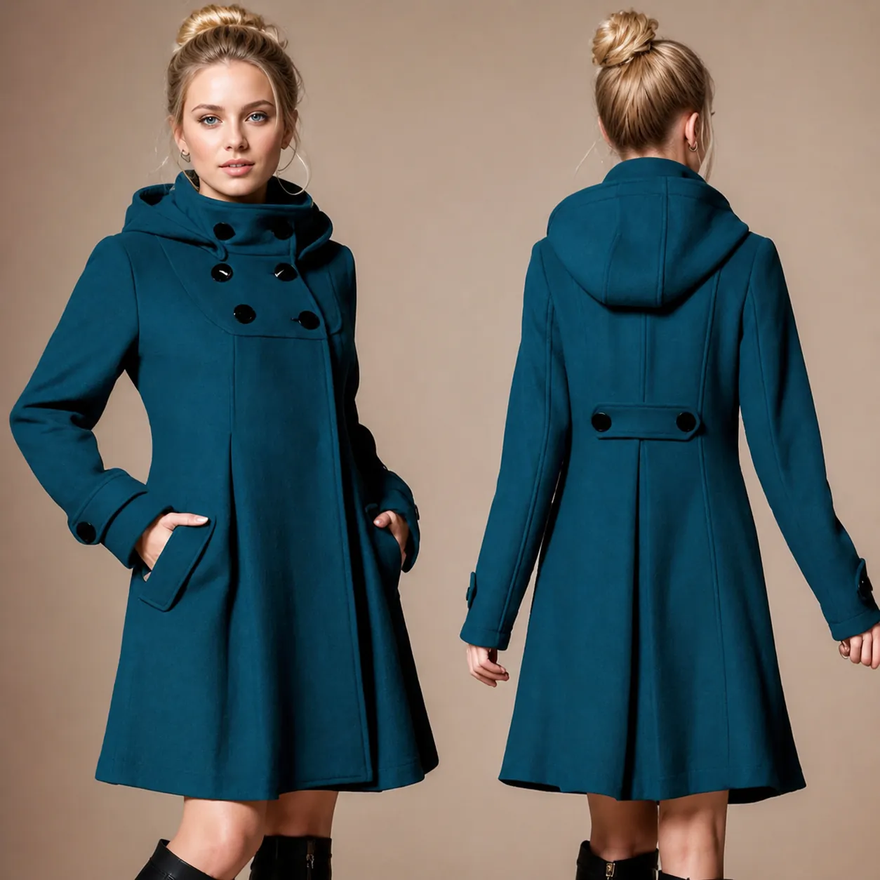 Dames Middellange Faux Wollen Jas Met Kapuchon Double Breasted A-Lijn Cape Stijl Windjack Elegante Winter Warme Bovenkleding