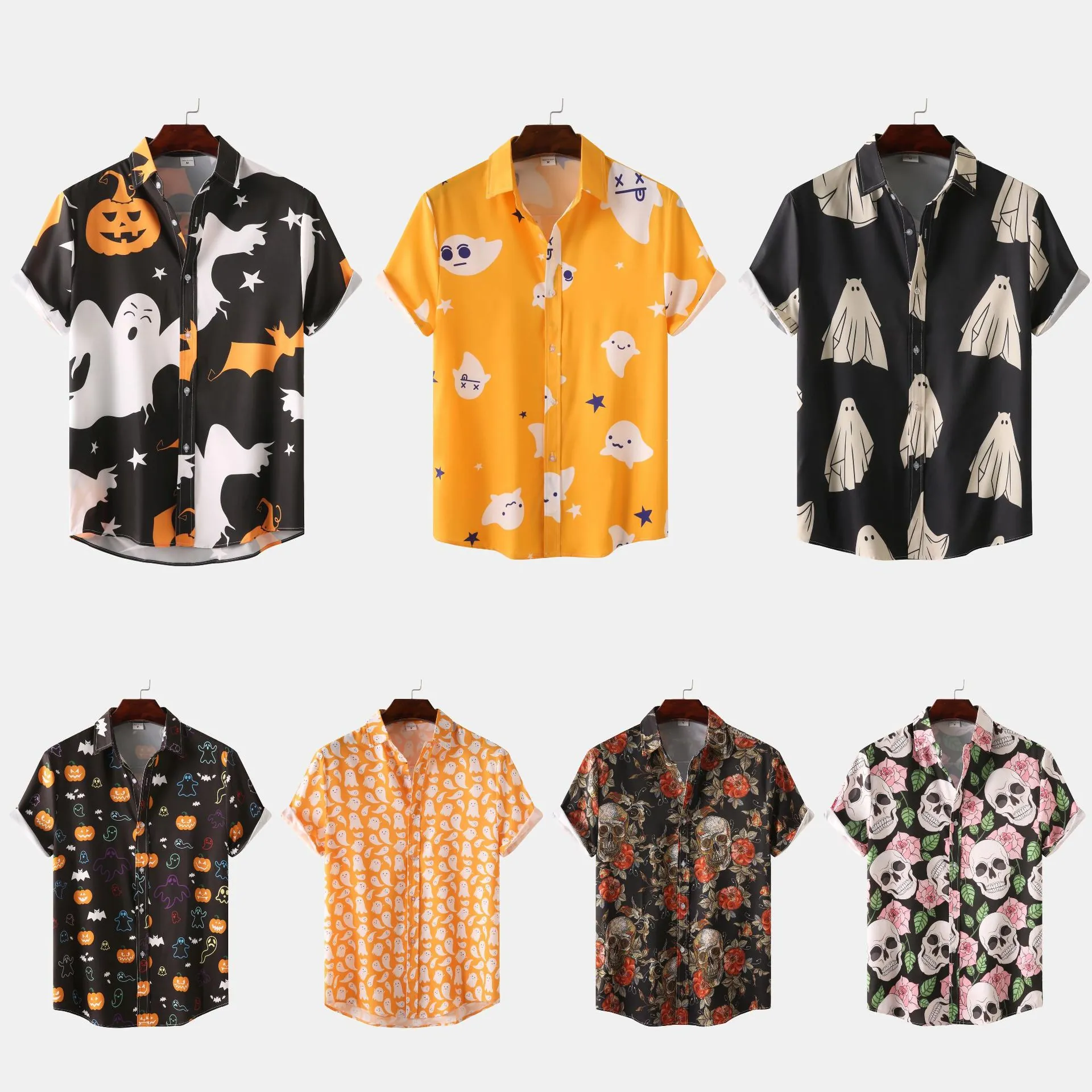 Men's Halloween Hawaiian Shirt Casual Cotton Printed Short Sleeve Button Down Beach Shirt Pumpkin Ghost Skull Pattern Summer Holiday Top
