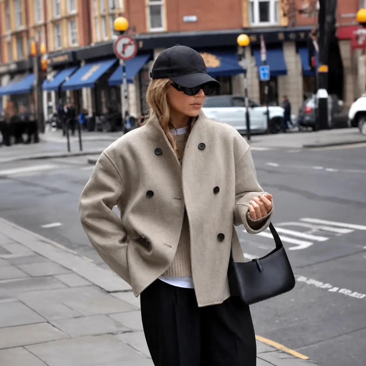 Cappotto di Lana Doppiopetto in Stile Britannico da Donna Tinta Unita Lunghezza Media Misto Poliestere Cotone Top