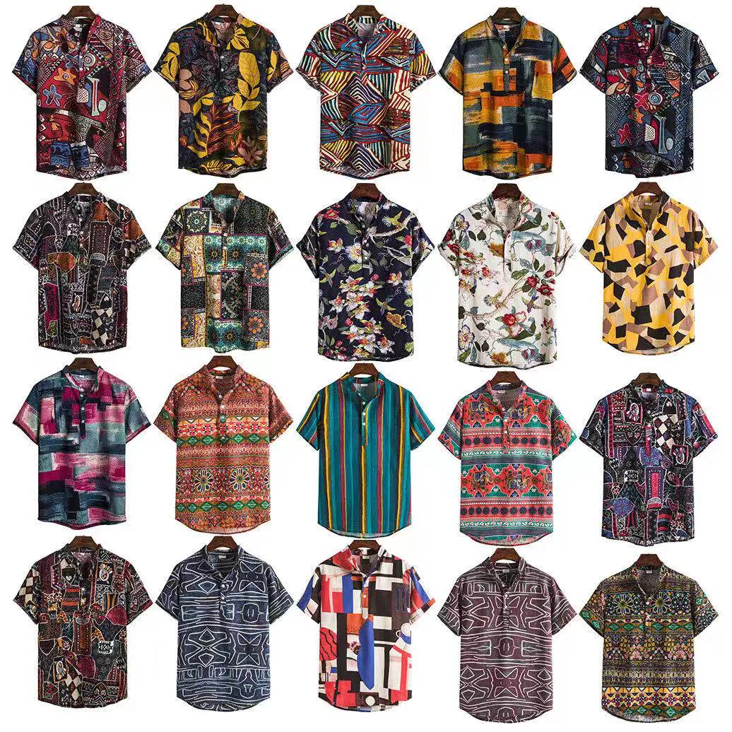 Men Casual Short Sleeve Shirt Hawaiian Print Henley Neck Cotton Blend Vintage Ethnic Floral Patchwork Summer Beach Top