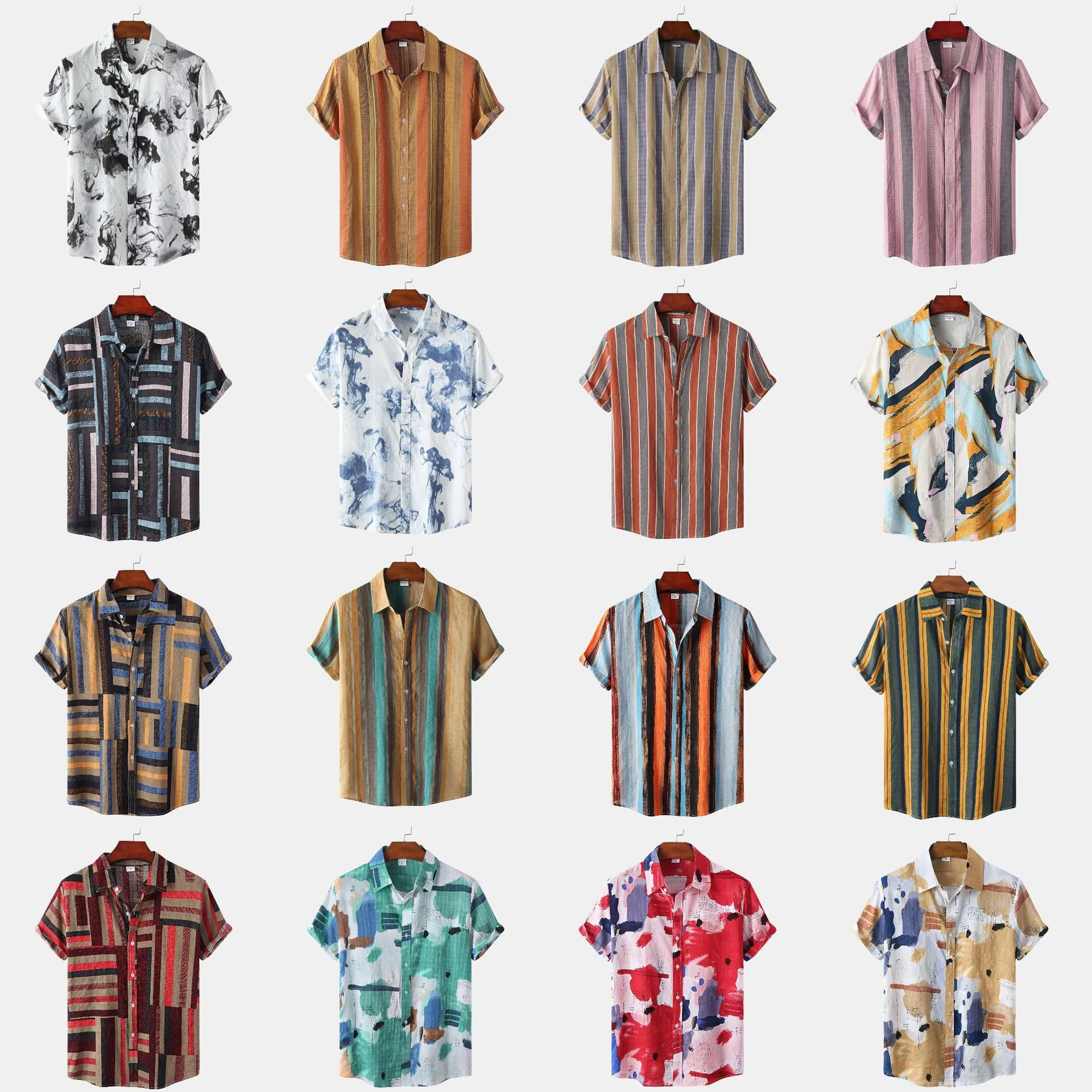 Men Casual Hawaiian Shirt Short Sleeve Polyester Printed Tropical Floral Stripe Beach Vacation Button Down Lapel Top