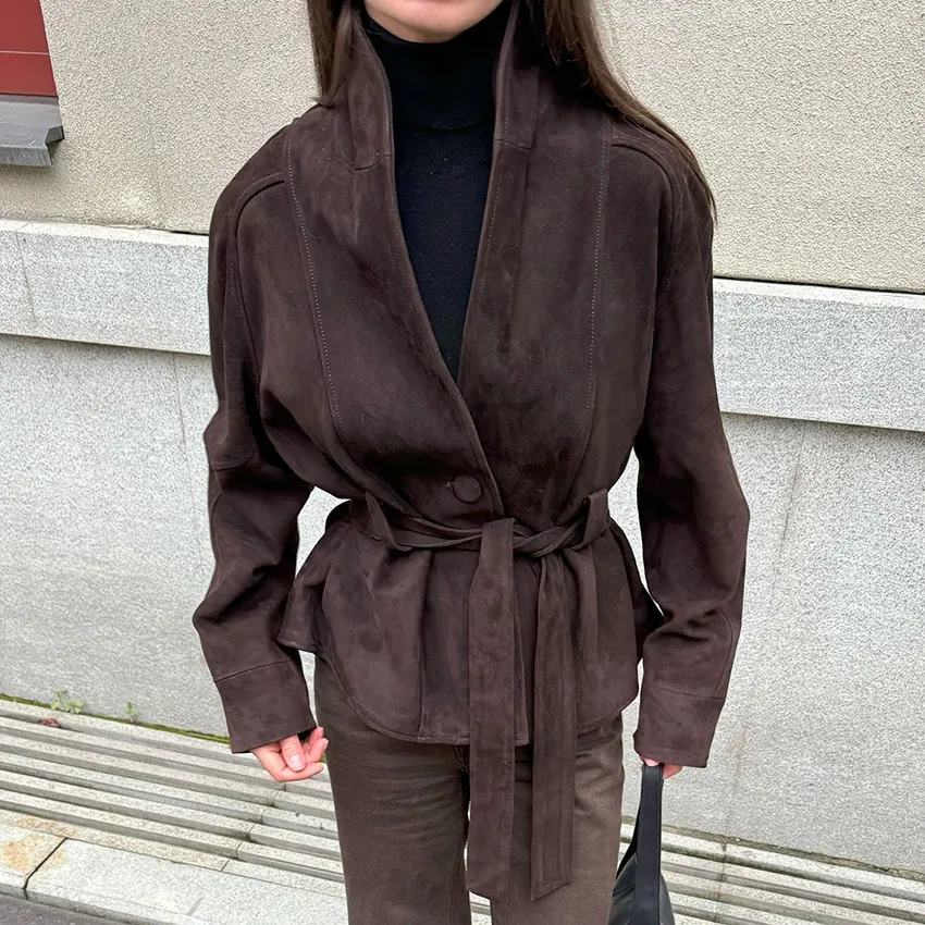 Retro Wildleder Langarm Jacke Damen Elegant Revers Gürtel Slim Fit Mattiert Samtmantel Mode Lässig Warm Damenjacke