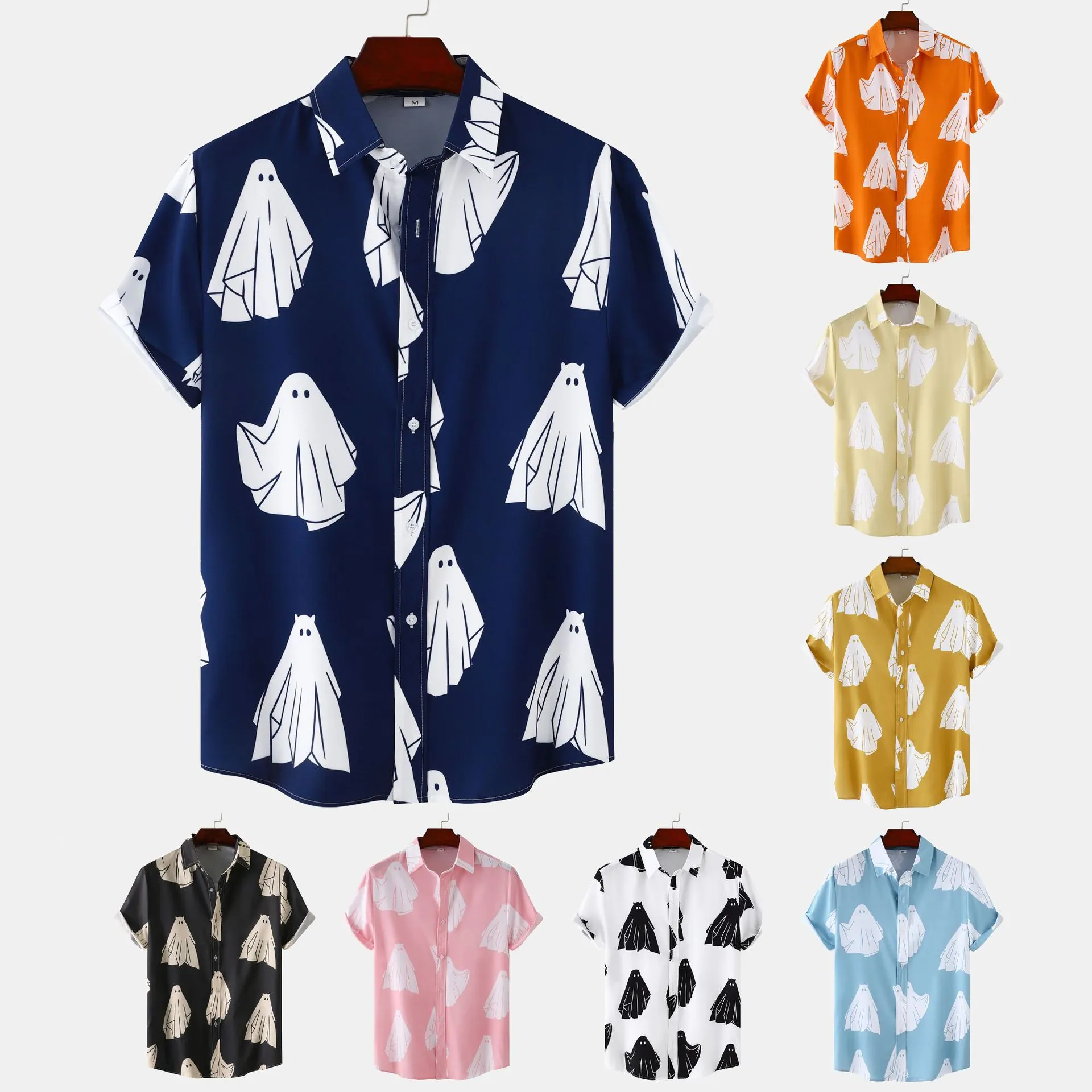 Camicia Casual da Uomo a Maniche Corte Stampa Fantasma Cartone Animato Misto Cotone Abbottonata Top Tropicale da Spiaggia Abbigliamento per Festa di Halloween