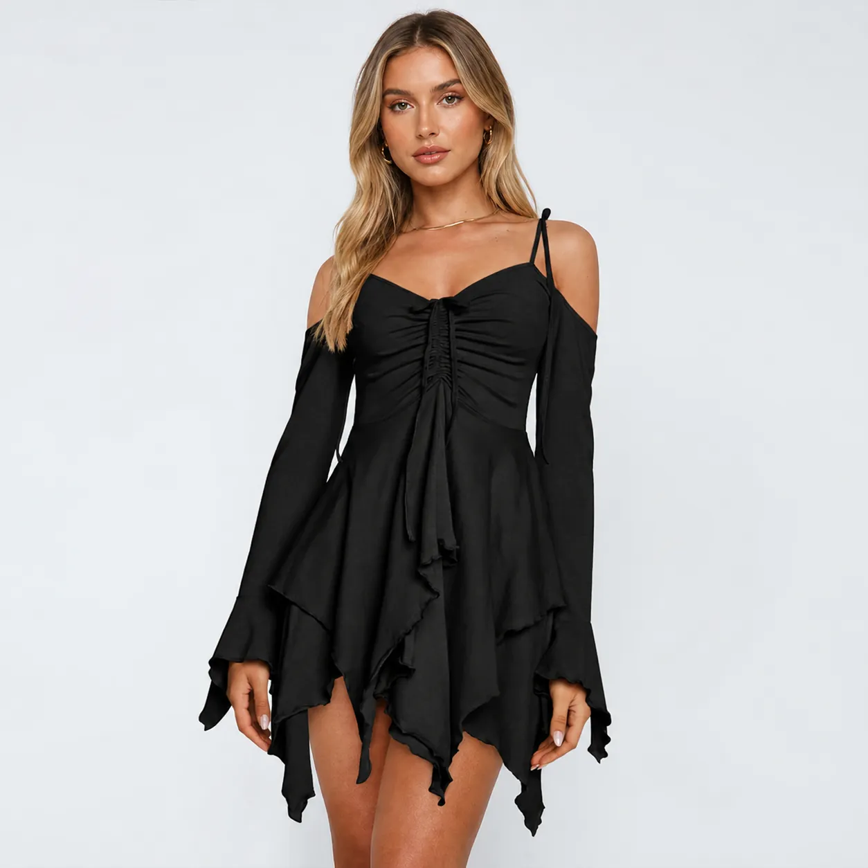 Abito da Donna in Viscosa a Spalle Scoperte con Orlo Asimmetrico Manica Lunga Fairycore Abito con Volant per Halloween Cosplay Party Elegante Midi Top