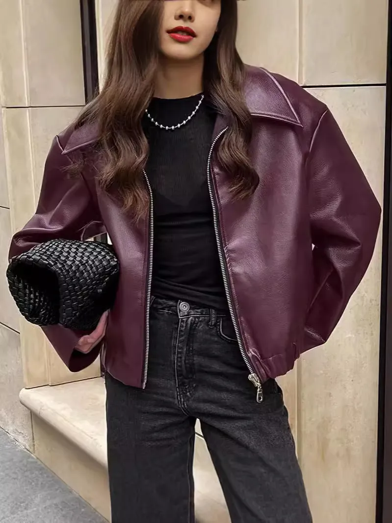 Veste en Cuir PU pour Femme Style Motard Coupe Large Col à Revers Fermeture Éclair Automne Hiver Manteau en Simili Cuir Streetwear Top