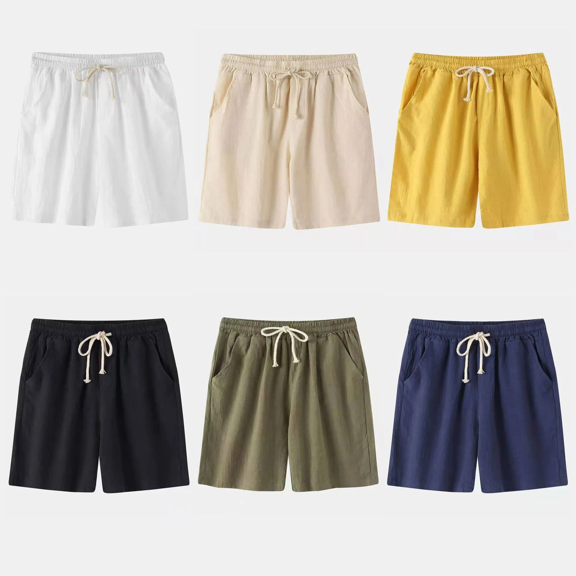 Short Décontracté en Coton et Lin pour Hommes Pantalon de Plage Été Couleur Unie Coupe Droite Avec Cordon de Serrage