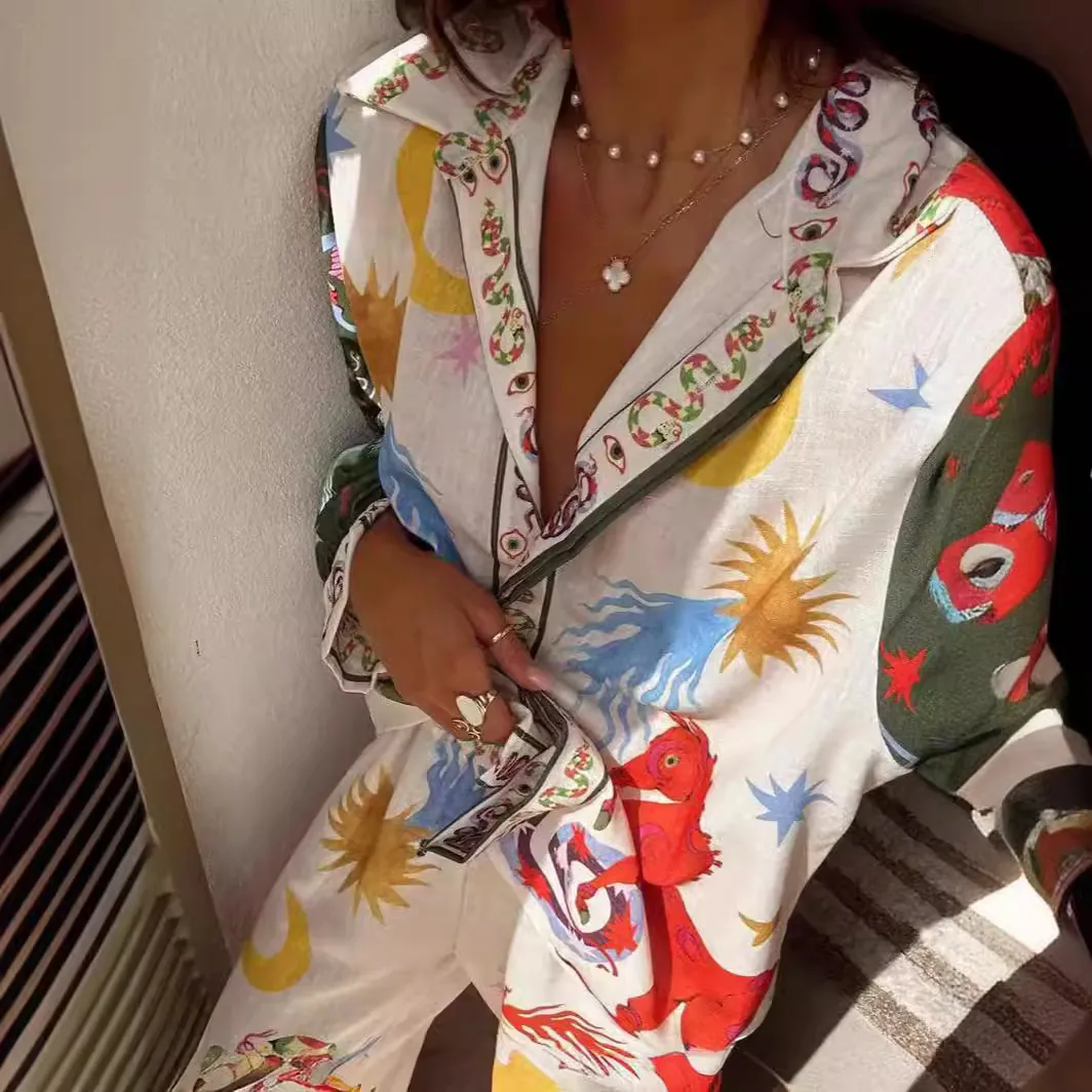 Ensemble Chemise Et Pantalon En Lin Imprimé Pour Femmes Haut Et Bas Boho Manches Longues Motif Mythologique Artistique Costume De Vacances
