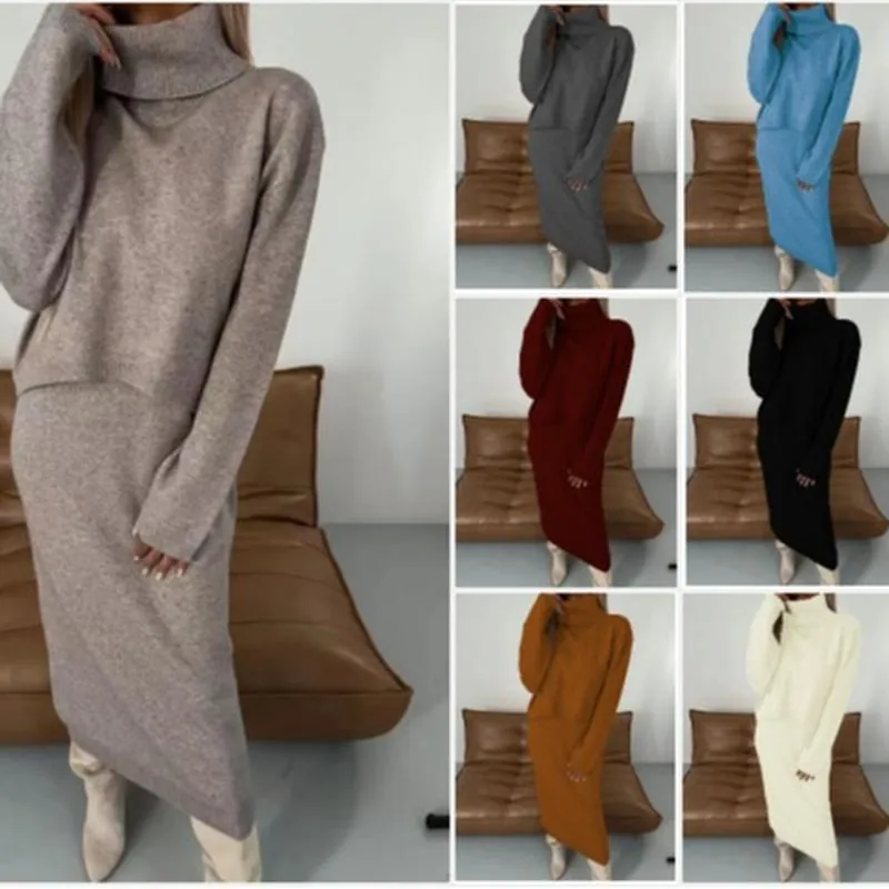 Women's Autumn Winter High Neck Knitted Two Piece Set Solid Color Long Sleeve Sweater And Skirt Thick Warm Sweater Dress Set