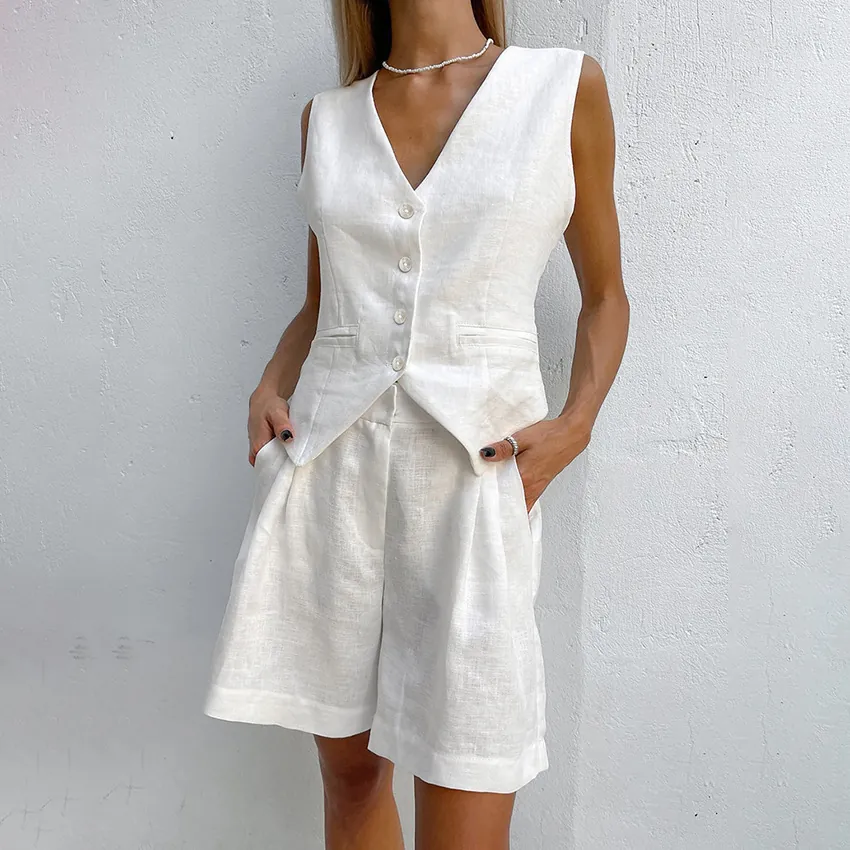 Damen Sommer Casual Baumwolle Leinen Ober- und Unterteil V-Ausschnitt Einreihige Weste Hohe Taille Weithalsige Shorts Anzug