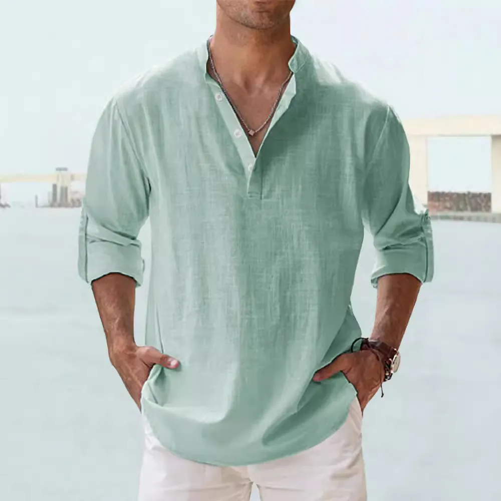 Men Casual Cotton Blend Henley Shirt Long Sleeve Stand Collar Solid Color Summer Breathable Loose Fit Top Soft Fashion Shirt