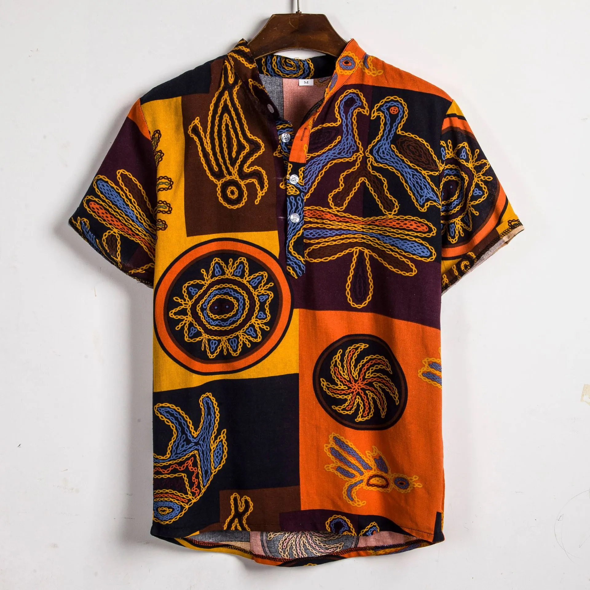 Heren Zomer Etnische Tribal Print Korte Mouw Overhemd Retro Slim Fit Katoen Casual Button Down Top Voor Strand Feest Dagelijks Heren Kleding