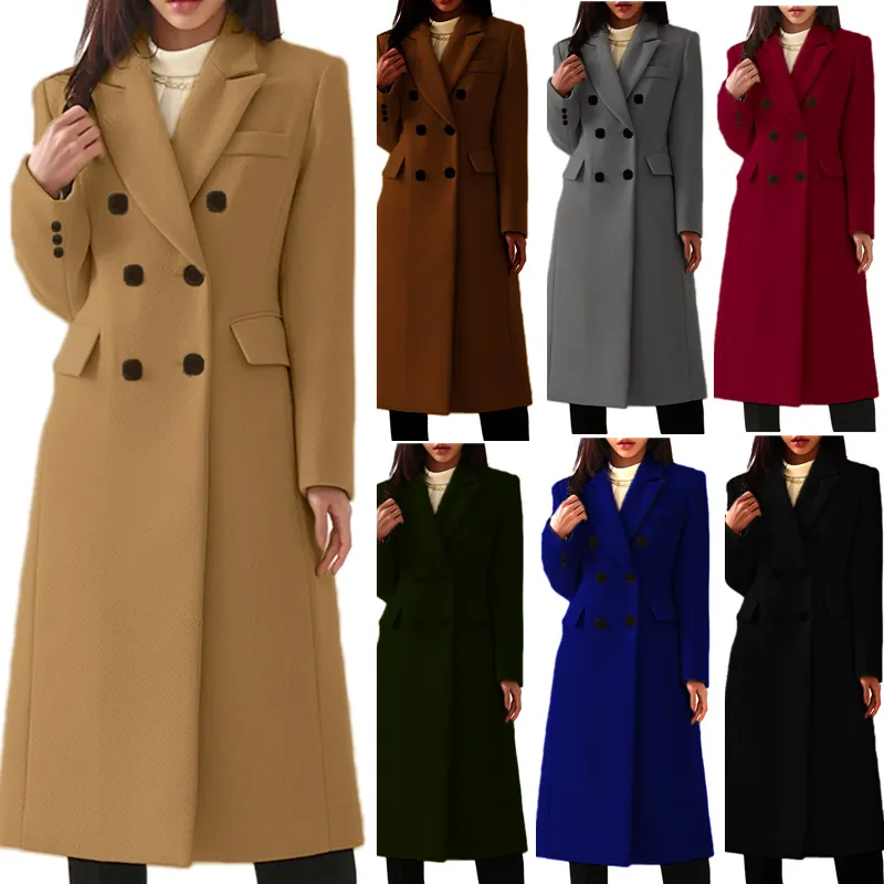 Women Long Polyester Overcoat Elegant Double Breasted Suit Collar Windbreaker Slim Fit Solid Color Autumn Winter Outerwear Top