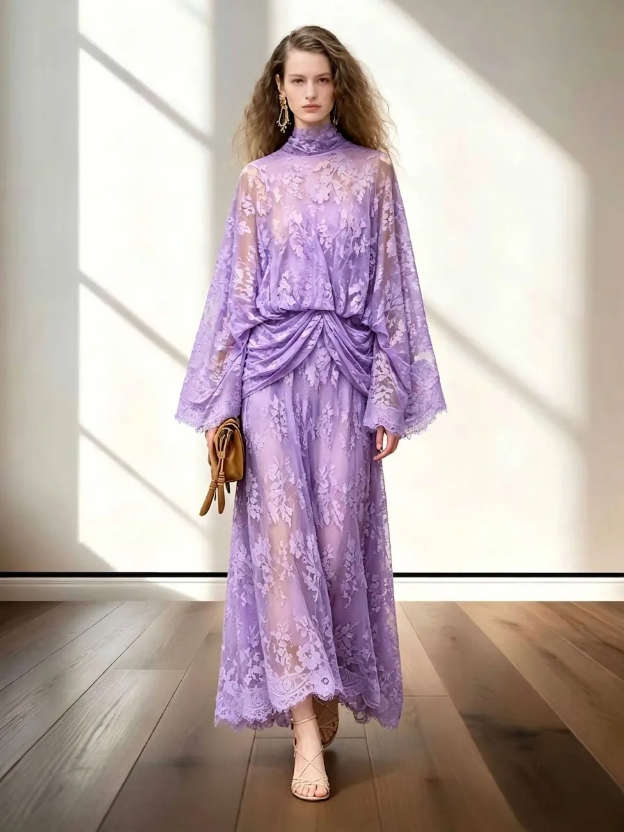 French Style High Neck Lace Patchwork Midi Dress Flare Sleeve Waist Cinched Elegant Solid Color Party Dress For Women