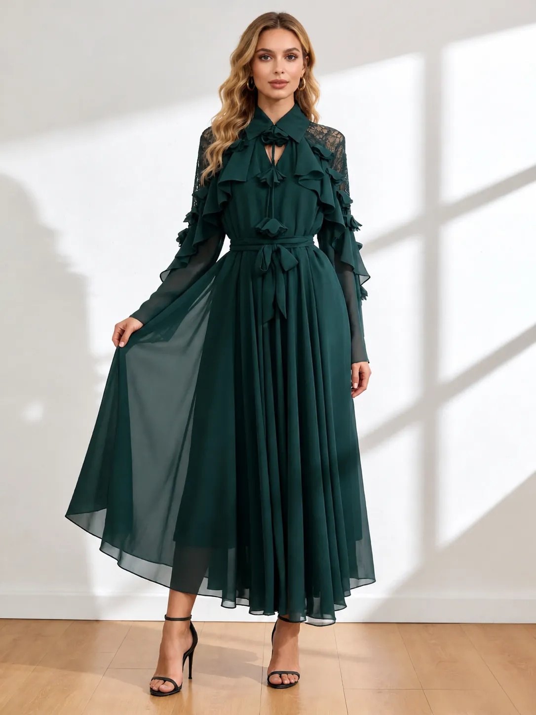 Women's Elegant Solid Color Ruffle Tiered Midi Dress Stand Collar Lace-up Long Sleeve Lace Patchwork Pleated A-line Dress