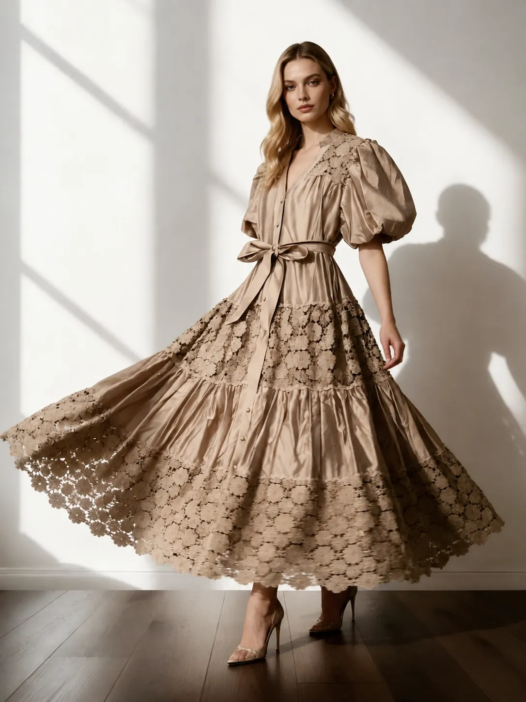 French Palace Style Lace Patchwork Hollow Out Embroidery V Neck Puff Sleeve Maxi Dress With Waist Tie Elegant Women Party Dress