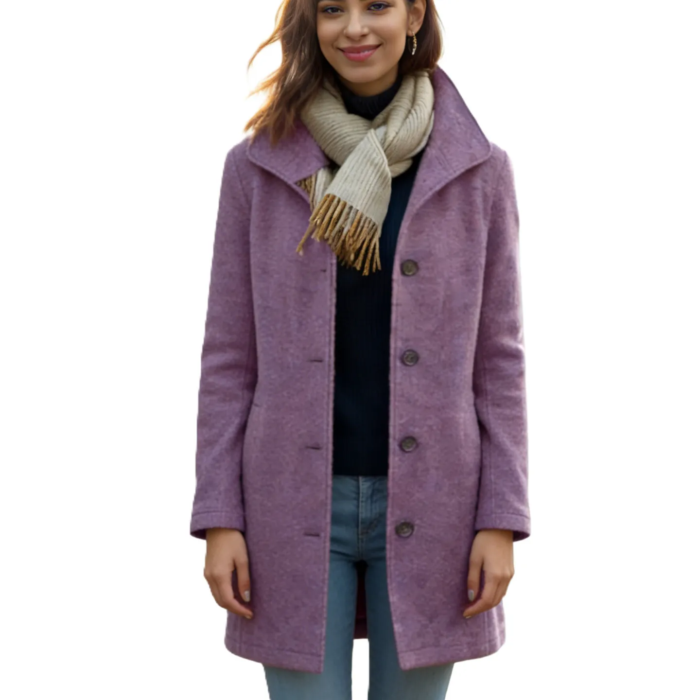 Women Vintage Mid-Length Woolen Coat Single-Breasted Slim Fit Solid Color Autumn Winter Lapel Outerwear Top Warm Overcoat