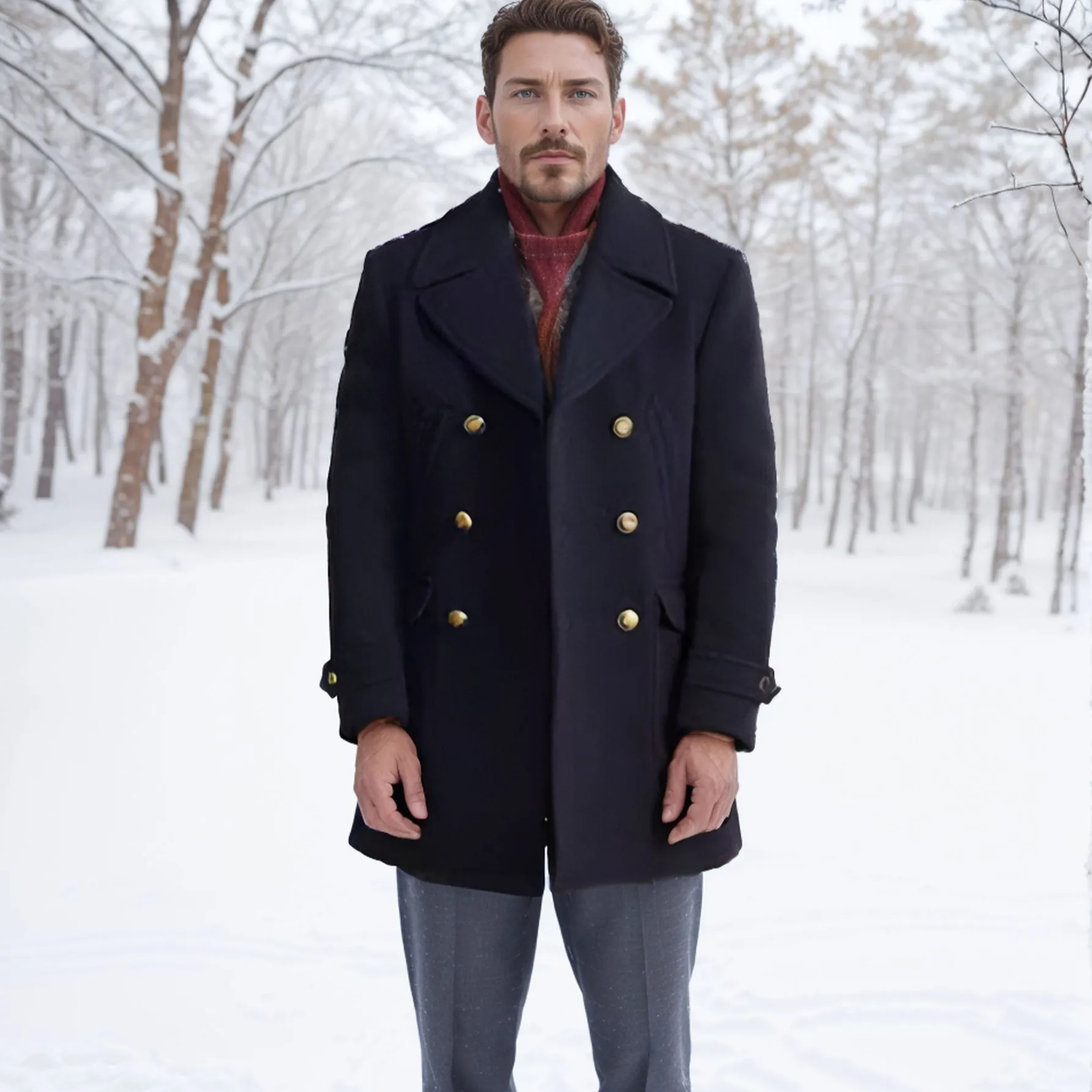 Cappotto da Uomo in Lana Stile Marina Britannica Media Lunghezza Doppiopetto Giacca in Poliestere Tinta Unita Cappotto Invernale