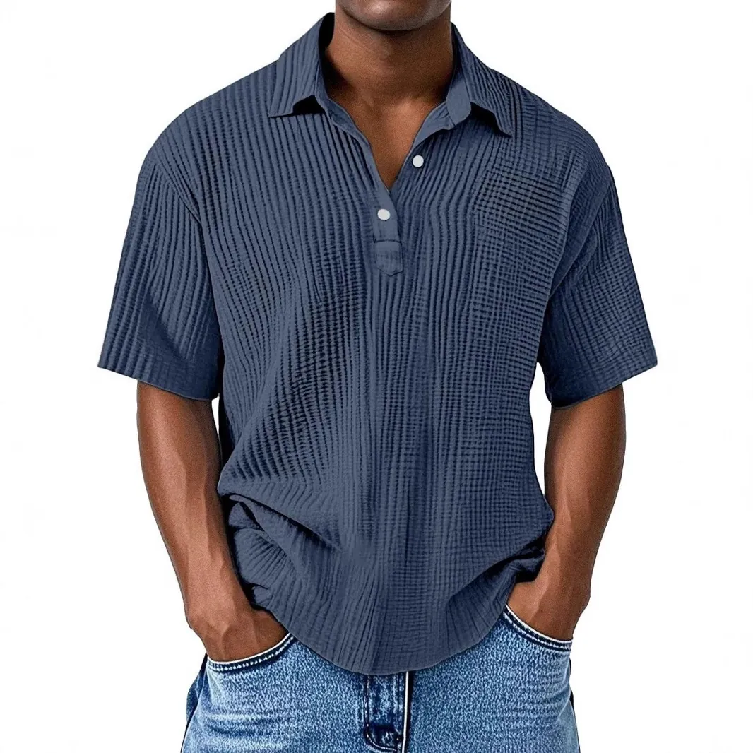 Men Casual Short Sleeve Shirt Double Layer Crepe Polyester Breathable Polo Style Button Neck Top Summer Fashion Outfit