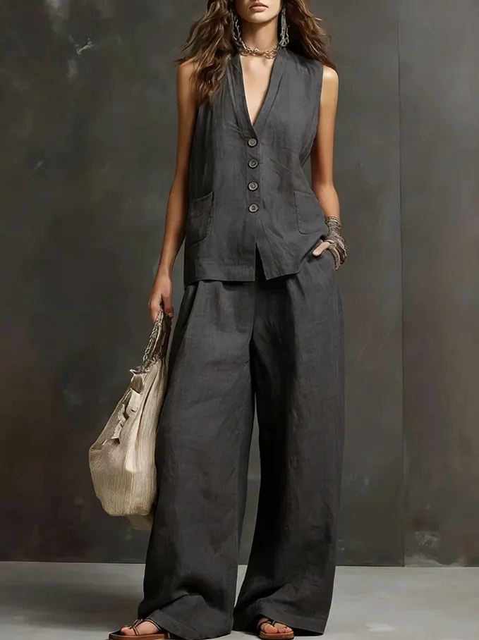 Damen Casual V-Ausschnitt Weste Mit Knopfleiste Und Weite Hose Top Und Bottom Set Bequem Einfarbig Ärmellos Polyester Outfits