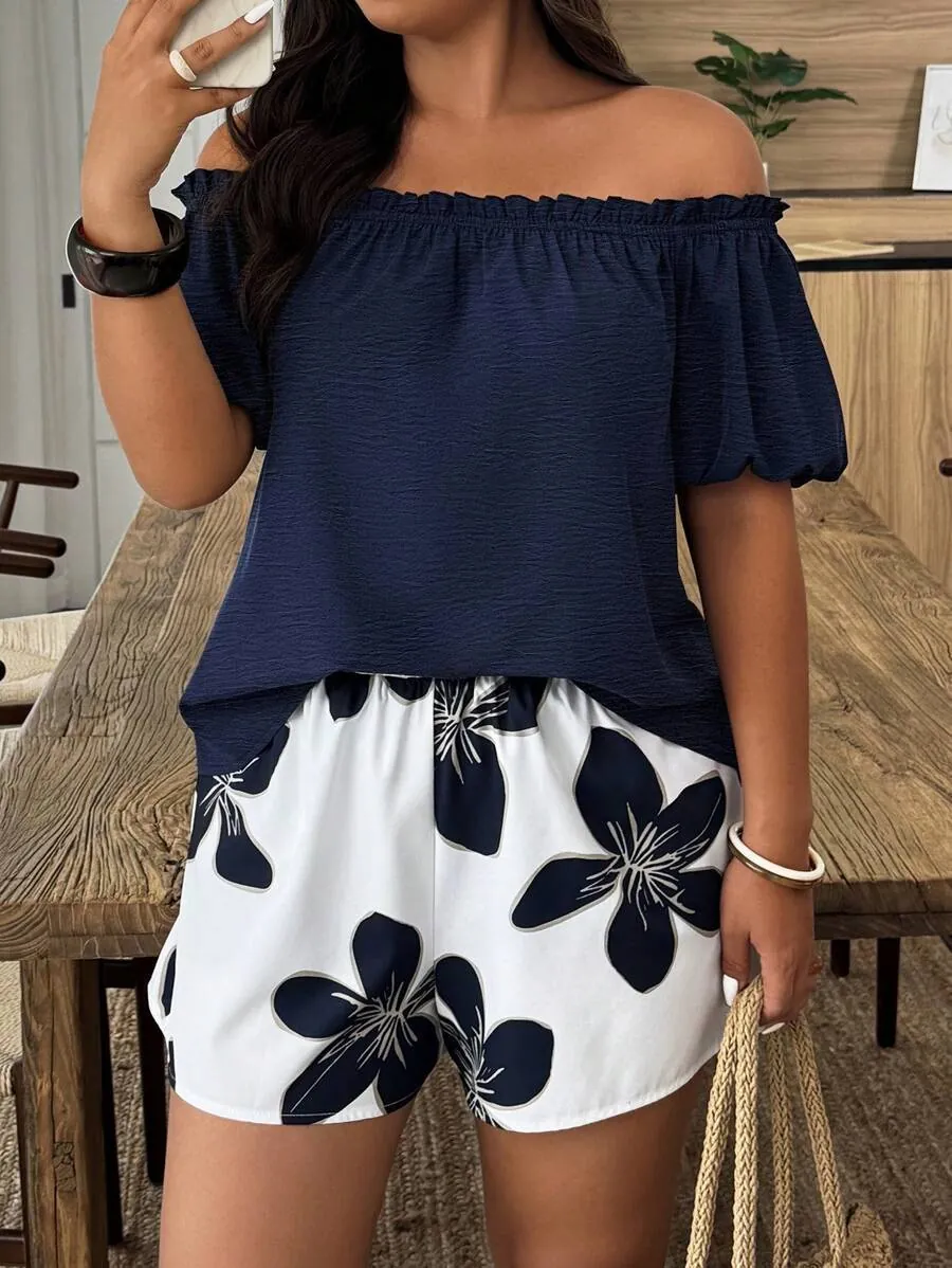 Ensemble Top Épaules Dénudées Manches Bouffantes Et Short Imprimé Floral Femme Décontracté Polyester Élasthanne Vacances