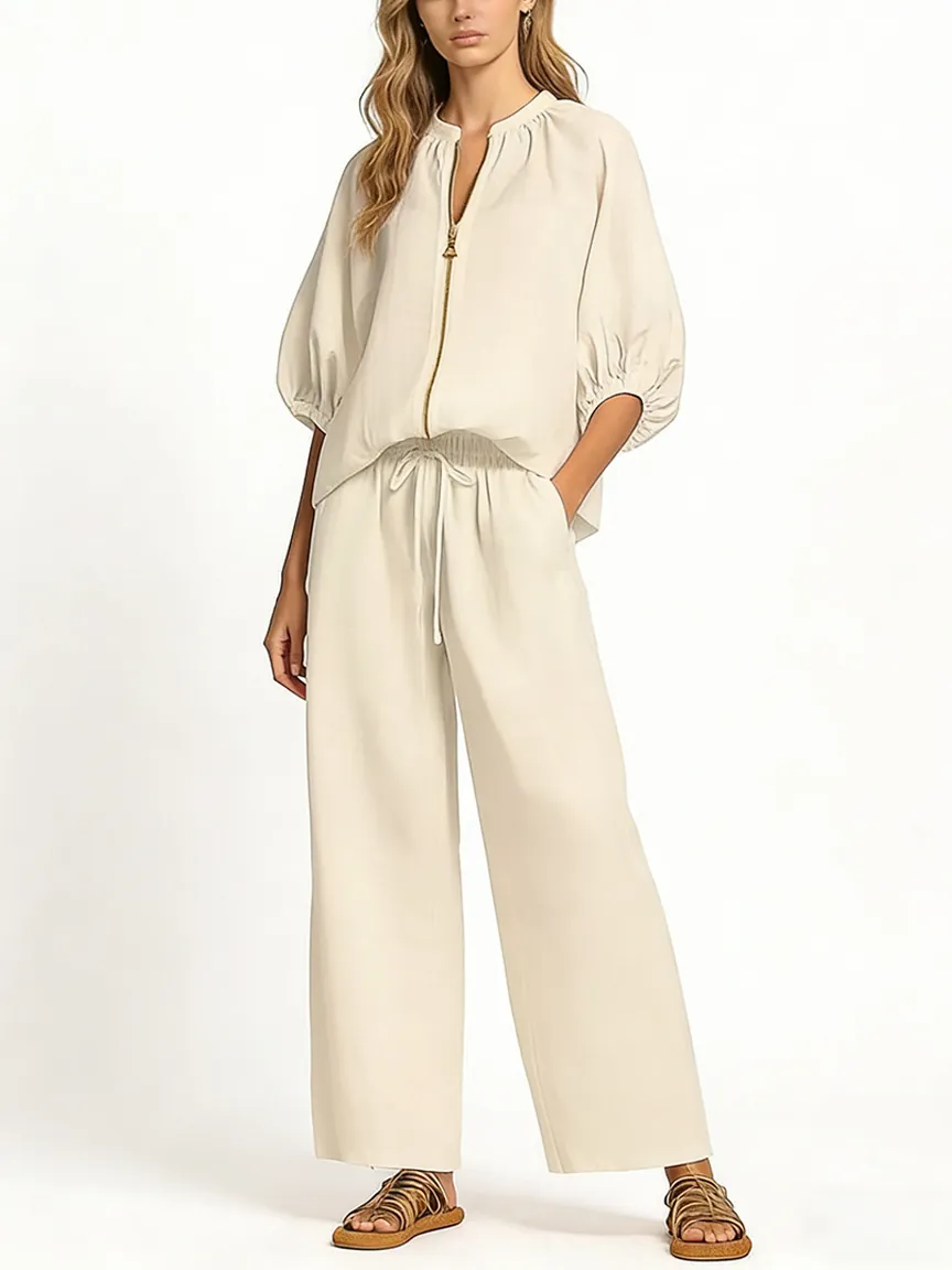 Women's Casual Polyester Patchwork Top And Bottom Zipper Round Neck Wide Leg Pants Tracksuit Solid Color Loose Outfit