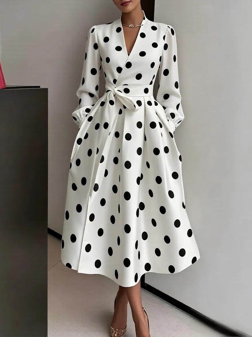 Elegant Vintage Hepburn Style Polka Dot V Neck Long Sleeve A Line Maxi Dress For Women Party Banquet Big Swing Dress