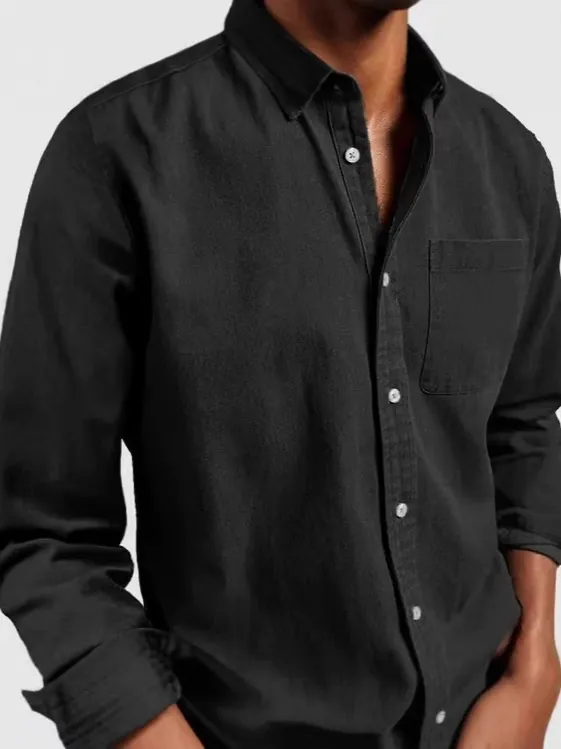Men Retro Denim Look Long Sleeve Shirt Lapel Solid Color Button Up Casual Polyester Workwear Shirt For Men Business Top