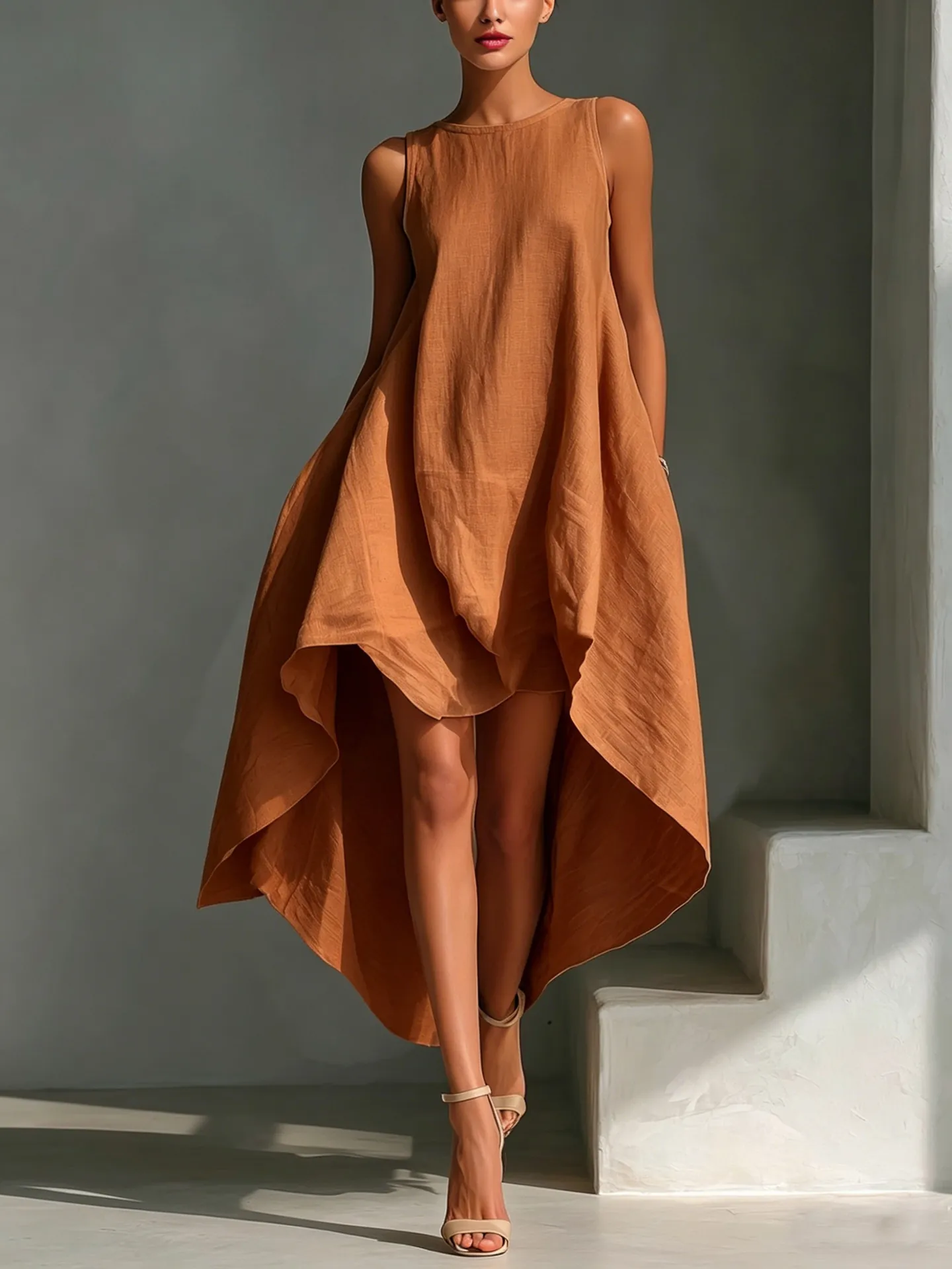 Women Summer High-Low Hem Sleeveless Dress Solid Color Cotton Blend Round Neck Loose Flowy Long Dress With Pockets Beach Outfit