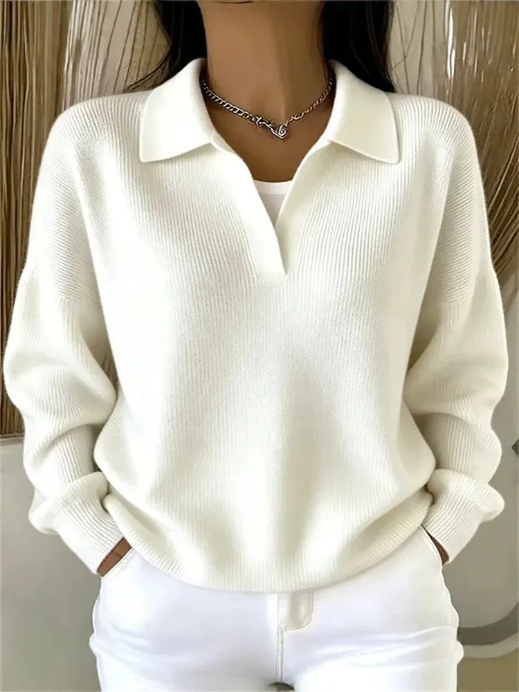 Maglione da Donna in Misto Cotone Casual Sciolto Top a Maniche Lunghe con Colletto a Polo Scollo a V Pullover Maglieria a Costine Moda Per Autunno Inverno