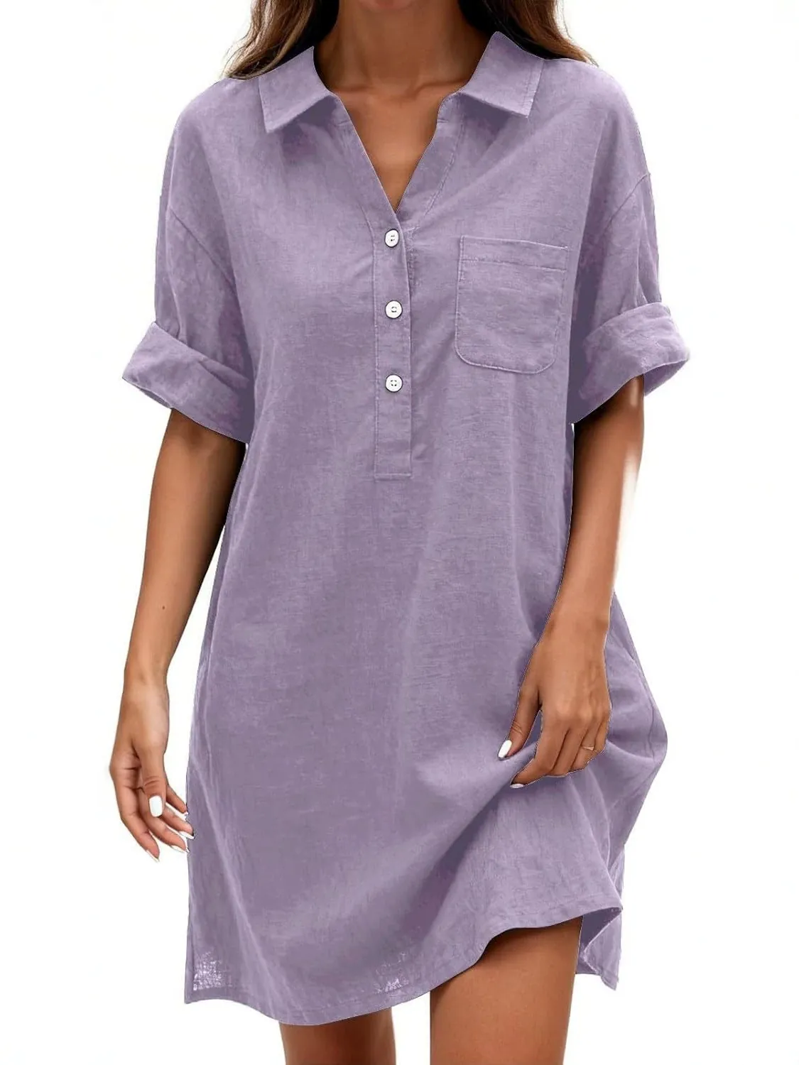 Abito a Camicia da Donna in Cotone e Lino Casual Risvolto Manica Corta Mini Abito con Bottoni Largo Traspirante Tinta Unita Tunica Estiva