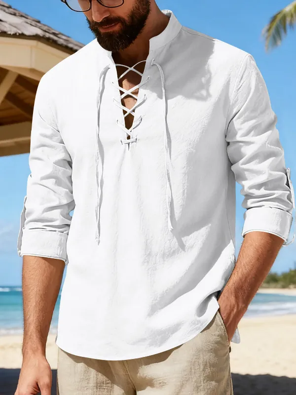 Men Casual Cotton Linen Henley Shirt Long Sleeve Lace Up V Neck Stand Collar Hippie Beach Medieval Retro Yoga Shirt Top