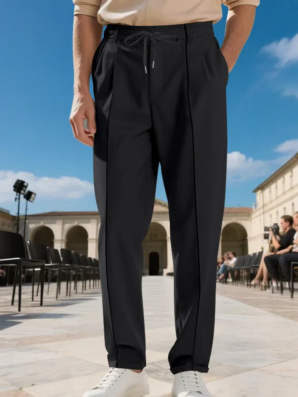 Pantalones Business Casual de Pierna Recta para Hombre Poliéster Color Sólido Cintura con Cordón para Oficina Viaje