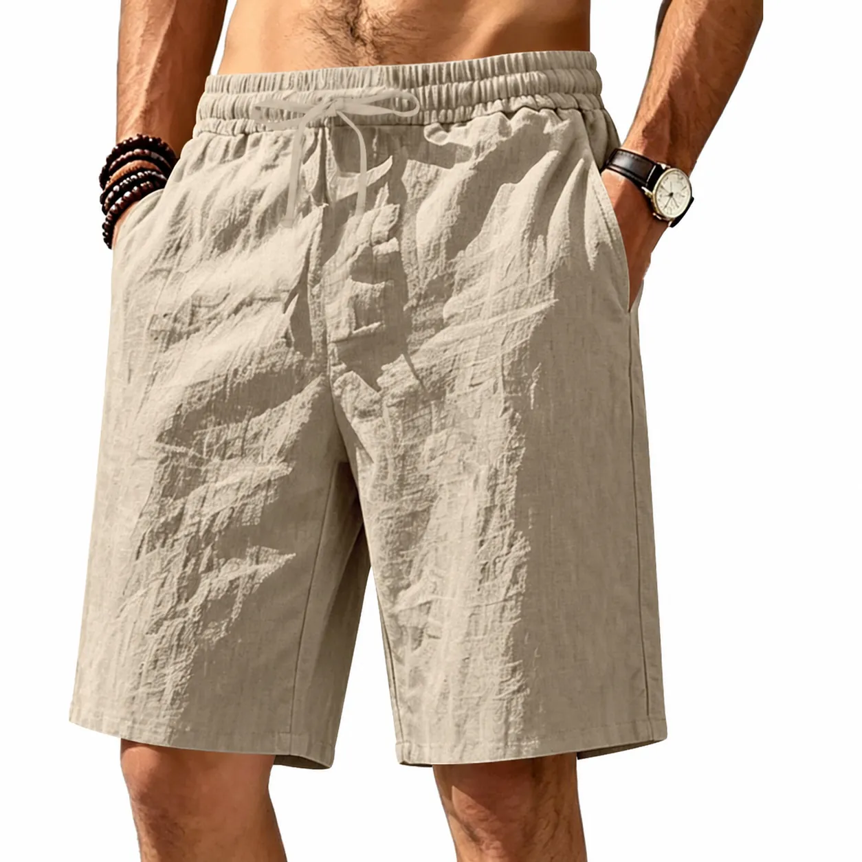 Men's Casual Linen Blend Beach Shorts Elastic Waist Drawstring Breathable Summer Five-Point Pants Solid Color Sporty Bottoms