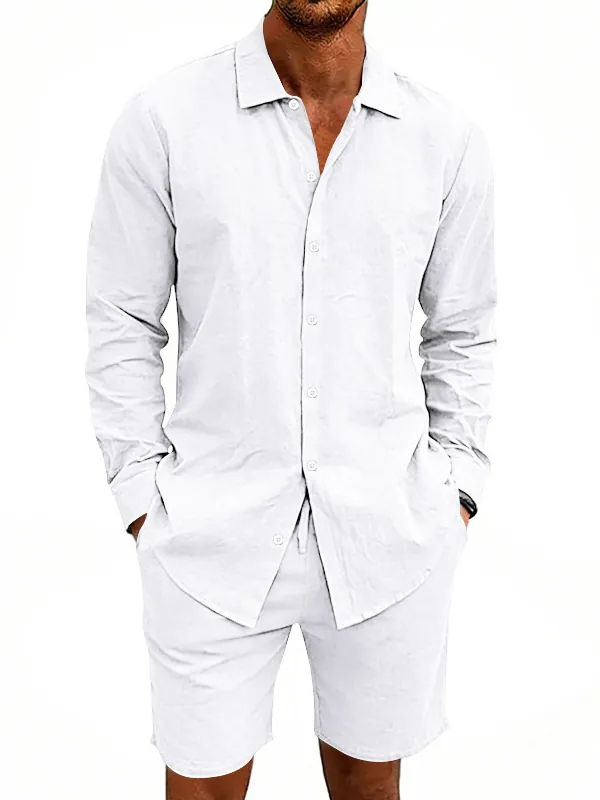 Men's Casual Linen Two Piece Sets Long Sleeve Button Down Shirt And Shorts Loose Fit Summer Beach Vacation Outfits