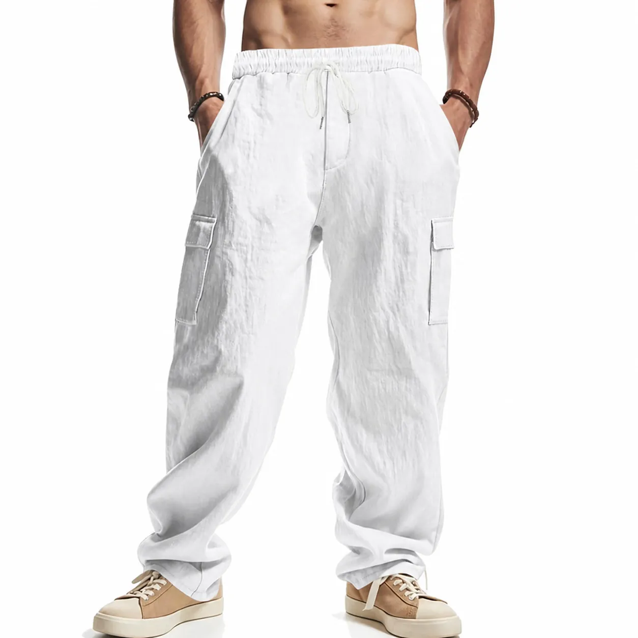 Men Casual Linen Cargo Pants Summer Breathable Loose Fit Straight Leg Cotton Blend Trousers With Multi Pockets For Daily Wear