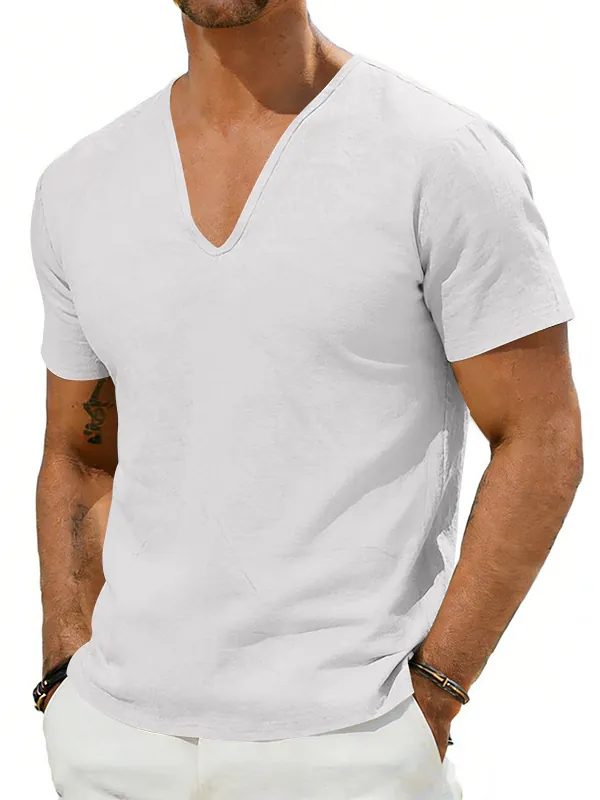 Men Casual V Neck Linen Blend Short Sleeve Shirt Loose Fit Pullover Summer Breathable Solid Color Woven Top