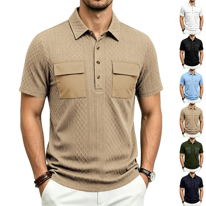 Men's Summer Short Sleeve Jacquard Polo Shirt Business Casual Lapel Top With Dual Cargo Pockets Relaxed Fit Solid Color Workwear