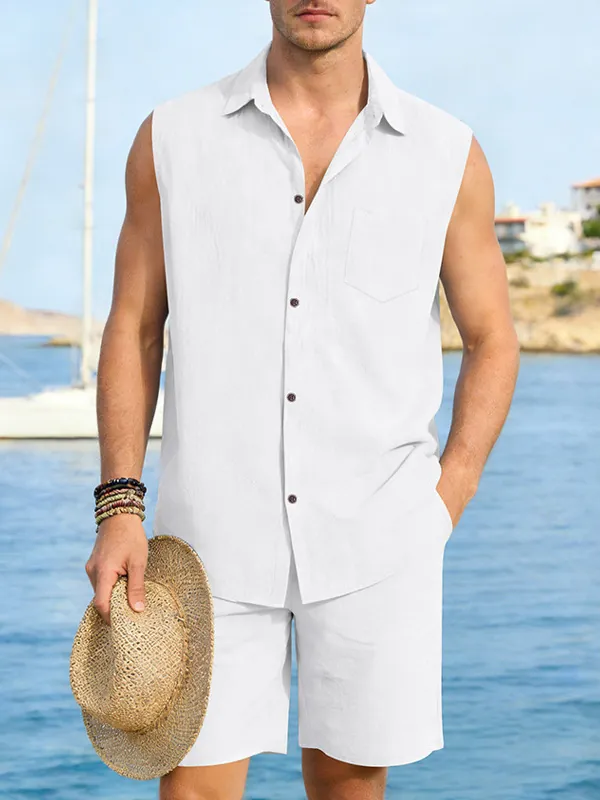 Men Casual Linen Sleeveless Shirt And Shorts Top And Bottom Summer Beach Vacation Solid Color Relaxed Fit Vacation Wear