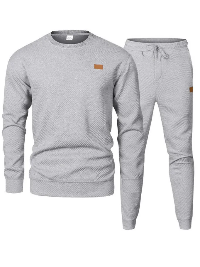 Men Tracksuit Casual Jacquard Knitted Round Neck Long Sleeve Hoodie And Pants Two Piece Set For Winter Sports Top And Bottom
