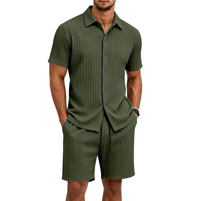 Ensemble Décontracté Homme Haut et Bas Chemise Col Revers Manches Courtes et Short Jacquard Maille Tenue Vacances Été