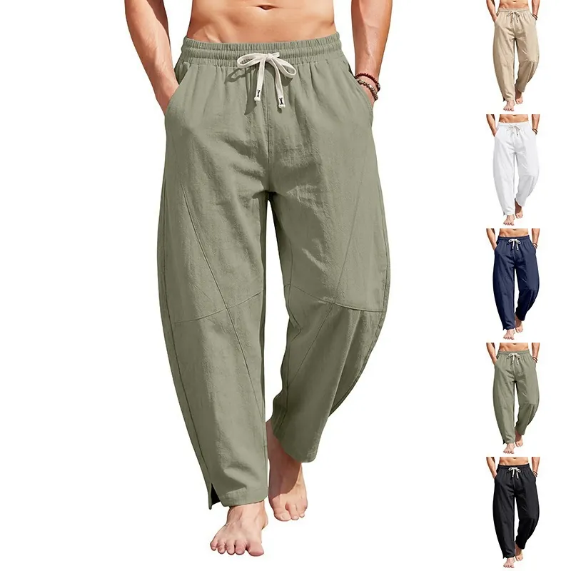 Pantalon Harem Homme Hip Hop Décontracté en Coton Lin Patchwork Été Respirant Jambe Large Fuselé Avec Fente Ourlet Plage