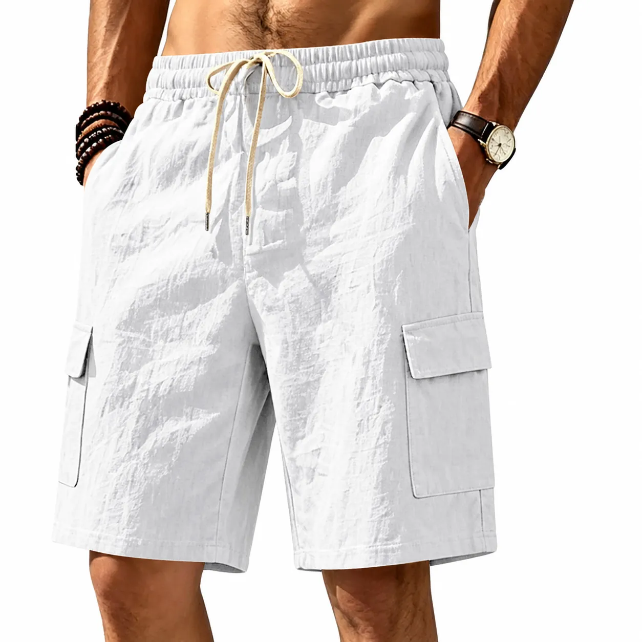 Pantalones Cortos Cargo de Lino para Hombre Verano Transpirable Algodón Lino Multi Bolsillos Casual Cintura Elástica Cordón Suelto Playa Pantalones Cortos