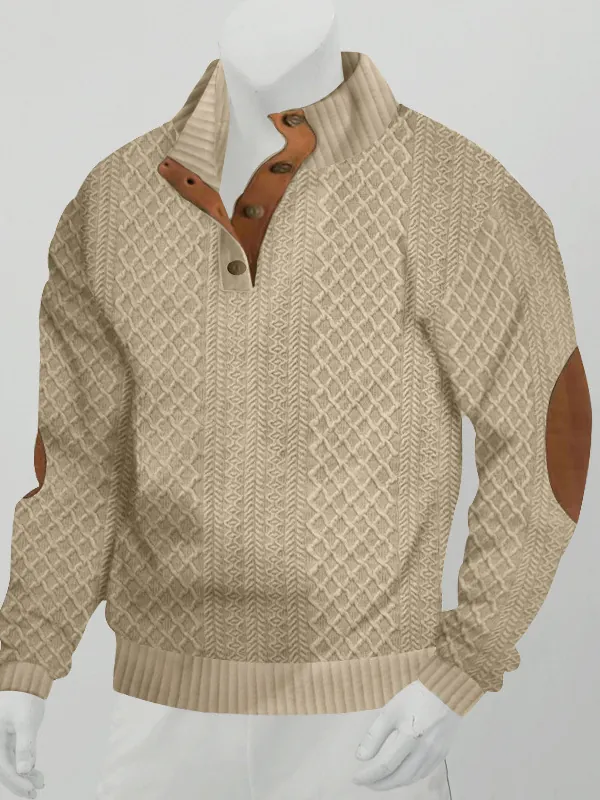 Men Vintage Cable Knit Sweatshirt Stand Collar Button Long Sleeve Top With Elbow Patches Casual Warm Autumn Winter Sweatshirt