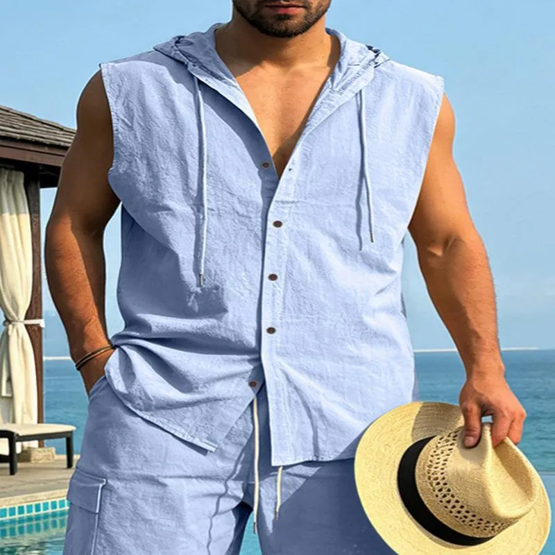 Men Casual Linen Hooded Sleeveless Shirt Breathable Button Down Vest Top For Summer Beach Vacation Relaxed Fashion Waistcoat