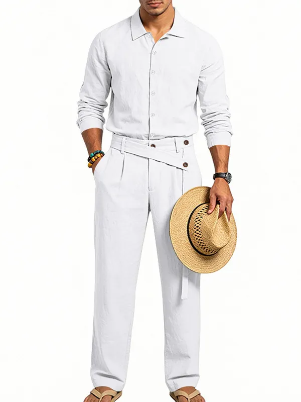 Completo Casual da Uomo in Lino a Due Pezzi Camicia a Maniche Lunghe con Revers e Pantaloni con Cintura Diagonale Stile Vacanza