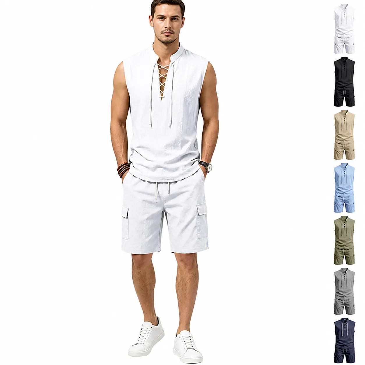 Men's Casual Linen Blend Sleeveless Tie Neck Shirt And Multi-Pocket Cargo Shorts Top And Bottom Summer Beach Wear