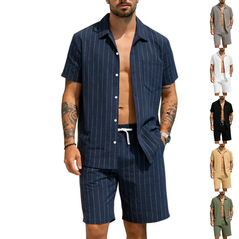 Men Linen Blend Vertical Striped Two Piece Set Casual Short Sleeve Button Down Shirt And Drawstring Shorts Vacation Top And Bottom